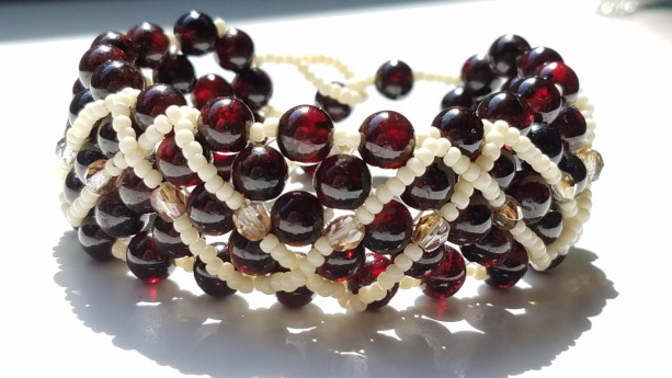 Garnet Cuff Bracelet: Garnet, Czech Crystals, and Cream Japanese Seed Beads