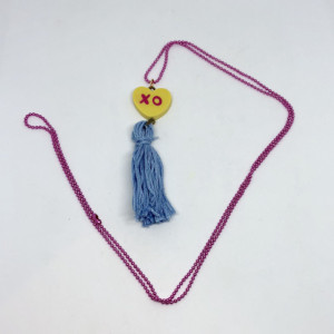Upcycled Valentines Day XO Conversation Heart Toy with Blue Tassel Necklace - Heart Jewelry