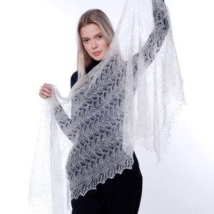 White woolen scarf, Hand knit wrap, Lace shawl, Warm bridal cape, Goat down cover up, Russian Orenburg shawl