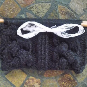 Black Cable Knit Clutch w/ White Lace Bow