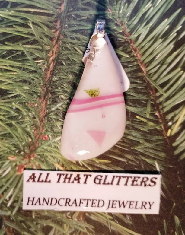 White and Pink Dichroic Glass Pendant. Unique piece of jewelry that makes a great holiday, birthday, or anniversary gift.