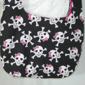 HOBO Over the Shoulder TOTE BAG with Black and Hot Pink Smiling Skull and Crossbones Cuties