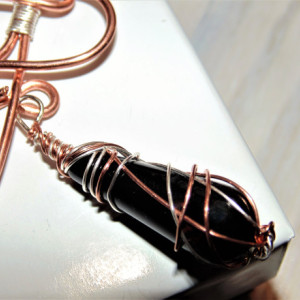 Wire Wrapped Necklace, Natural Copper, Sterling Silver and Black Agate Pendant