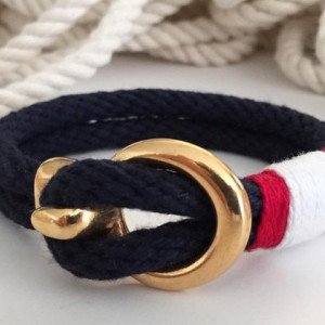 Navy Blue Rope Gold Open Hook Clasp Bracelet - Red/White