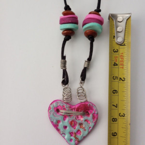 Handmade Clay Pastel Green Pink Heart Pendant Necklace Tribal Ethnic