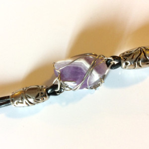 Wire wrapped lilac amethyst stone, leather bracelet