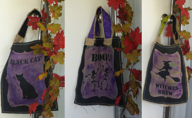 Purple Painted printed burlap trick or treat Halloween bags