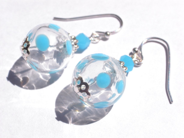 Earrings Aqua Color Hollow Glass Beads Handmade Hand Blown Summer Dot Dangle Drop Blue Jewelry Accessory Fish Hook Silver Plated