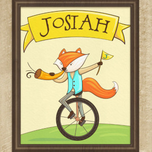 Personalized 8X10 Art Print, Cute Fox, Fox on a Unicycle, Trumpet, Banner, Kids Name Plaques, Fox Wall Art