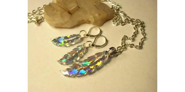 feather necklace, feather earrings,holographic,