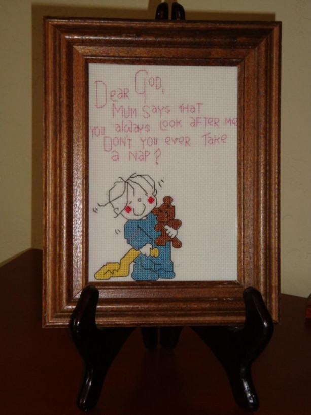 A Child's Prayer to God About Nap Time, hand stitched art