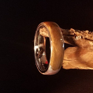 Size.. 7 1/2 Stainless Steel mixed wood and resin ring, browns, blues, and tans,.comfort fit, 5mm width of band ..
