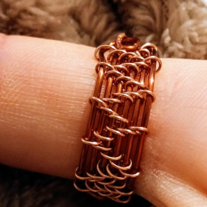 Intricate copper woven ring with turquoise accent US size 6
