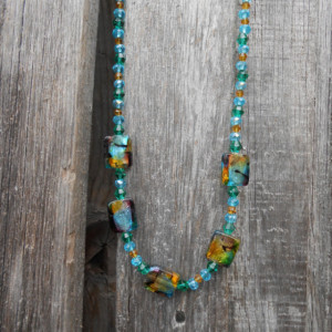 Aqua and Golden Yellow Crystals and Muti Colored Foil Bead Necklace