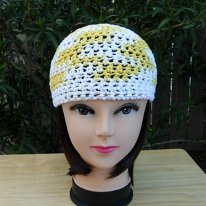 White and Yellow Summer Beanie Hat, 100% Cotton Lacy Skullcap, Women's Crochet Knit, for Hot Weather, Chemo Cap, Ready to Ship in 3 Days 