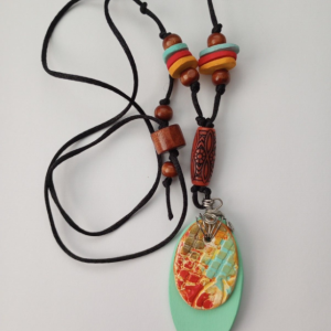 Handmade Clay Pastel Green Abstract Oval Pendant Necklace Tribal Ethnic