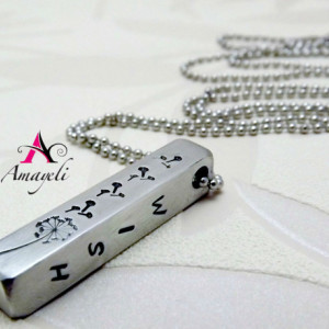 Dandelion necklace, bar necklace, bar pendant, silver bar necklace, handstamped necklace, personalized bar necklace, unisex necklace pendant