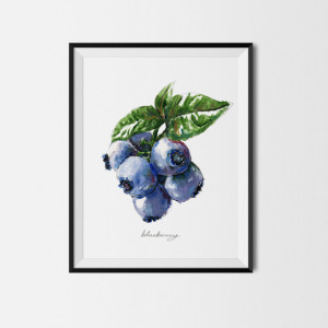 8x10 Blueberry Print, Food Art, Food Illustration, Handwritten Art, Kitchen Decor, Fruit Painting, Art Print, Fruit Print, Blueberries Painting