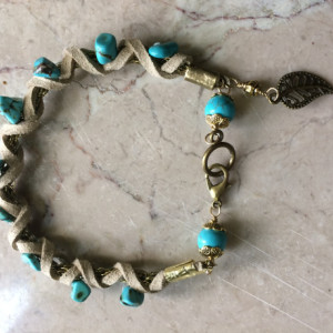 Beige leather/Bronze wire crochet chain bracelet,with turquoise beads and leaf charm. #B00248