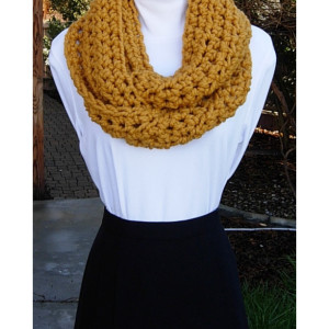 Women's Mustard INFINITY LOOP SCARF, Solid Gold Dark Yellow Cowl, Soft Wool Blend Crochet Knit Winter Circle, Neck Warmer..Ready to Ship in 3 Days