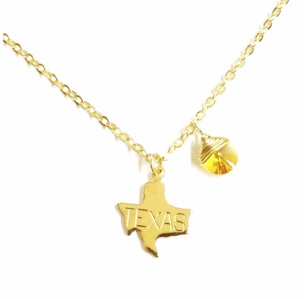 Gold Filled Necklace, Orange Friendship Necklace, Texas State Charm and Topaz Swarovski Necklace, Texas State and Yellow Swarovski Necklace