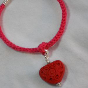 I'm Knots About You - Pink Cotton Hand Crocheted Valentines Bracelet with Red Cinnabar Carved Heart #B00142