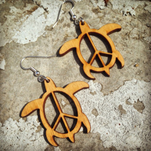 Wooden Peace Sign Turtle Dangle Earrings - FREE US SHIPPING