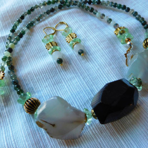 Moss Agate Necklace with focal grey agate faceted nuggets, moss opalite stone and matching earrings set.#NBES0106