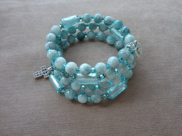 Rosary Bracelet of Blue Glass and Foil Lined Beads, Silver Findings