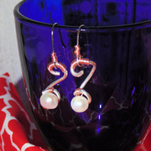 Wire Wrapped Drop Earrings, Sterling Silver, Natural Copper and Freshwater Pearl