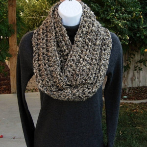 Soft Skinny INFINITY SCARF Loop Cowl, Tan Beige Black Grey Gray, Narrow Handmade Crochet Knit Thick Winter Circle Scarf, Ready to Ship in 3 Days