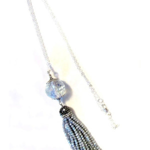Long Crystal Tassel Pendant Necklace, Crystal Silver Chain Necklace, Irridescent Crystals, Disco Bead, Mother's Day Gift, Jewelry on Sale