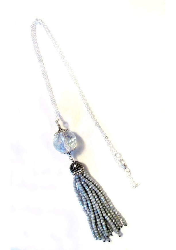 Long Crystal Tassel Pendant Necklace, Crystal Silver Chain Necklace, Irridescent Crystals, Disco Bead, Mother's Day Gift, Jewelry on Sale