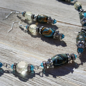 Blue Gold Turquoise Handmade clay beads with accents and matching earrings