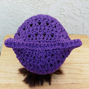 Dark Purple Pussy Cat Hat, Summer PussyHat, 100% Cotton Lightweight Crochet Knit Solid Purple Thin Spring Beanie, Ready to Ship in 3 Days