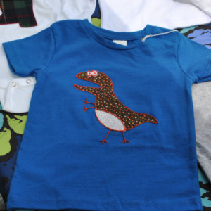 Blue T-Shirt with Hand-Embroidered T-Rex Applique