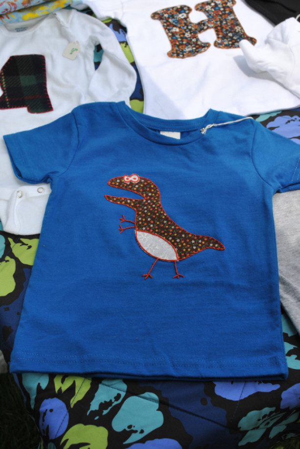 Blue T-Shirt with Hand-Embroidered T-Rex Applique