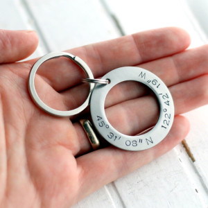 Hand Stamped Stainless Steel Circle Coordinates Key Chain