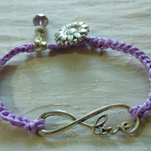 Purple silk Bracelet hand Crochet cord with Love charm connector and decorative silver tone button.  #B00219