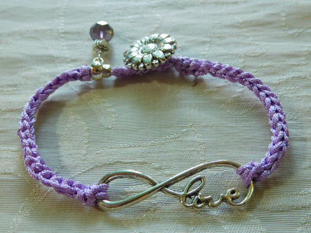 Purple silk Bracelet hand Crochet cord with Love charm connector and decorative silver tone button.  #B00219