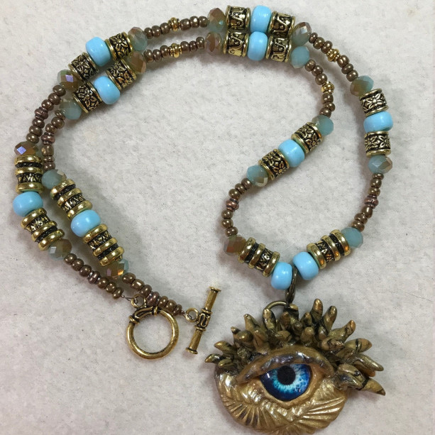 Old Blue Eye Dragon's Eye handmade beaded necklace 22" long