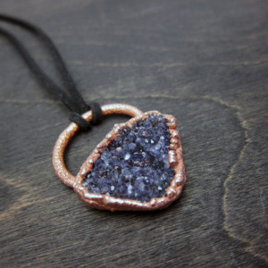 Unisex Large Raw Druzy Amethyst Rock Statement Necklace - Rough Gemstone set in Recycled Copper Pendant Necklace -  One of a Kind Amulet
