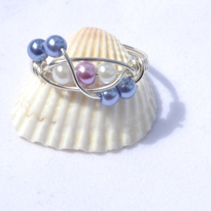 Pearl ring, white pearl ring, purple and white, faux pearl,  silver plated wire, wire ring, handmade