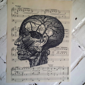 Upcycled Sheet Music Print – Vintage Female Anatomy Head Print