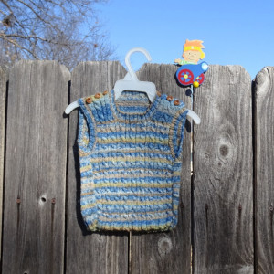 Hand Knitted Cable Vest, Wool Vest for Baby 6-12 Months,  Multicolored Knit for Boy, Blue Sleeveless Vest, Ready to Ship, All Handmade