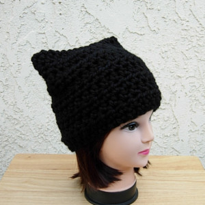 Solid Black Cat Hat with Ears, Size Options, Soft Warm Thick Chunky Bulky Wool Winter Crochet Knit Women's Men's Beanie, Ready to Ship in 3 Days
