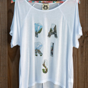 Handmade printed tee, t-shirt, top Paris photo word top with cold shoulder cutouts and a loose fit