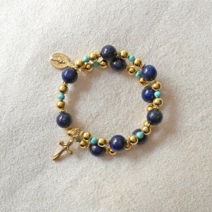One Decade Rosary Bracelet of Lapis and Howlite with Gold Plated Medals