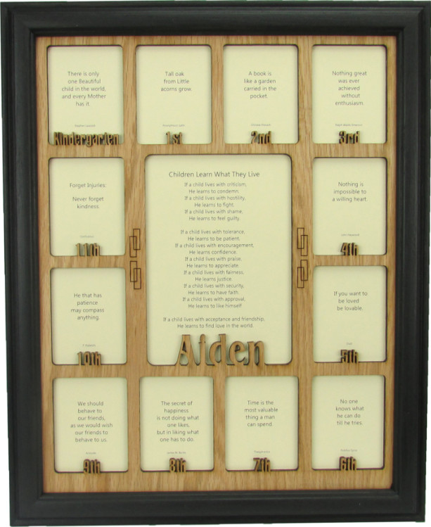 School Years Frame with Name Graduation Collage K-12 Clockwise Black Picture Frame and Oak Matte 11x14