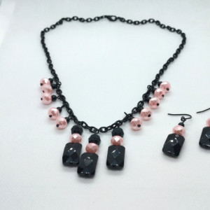 Black Square Chain Link and Pink Beaded Necklace and Earring Set by Cumulus Luci